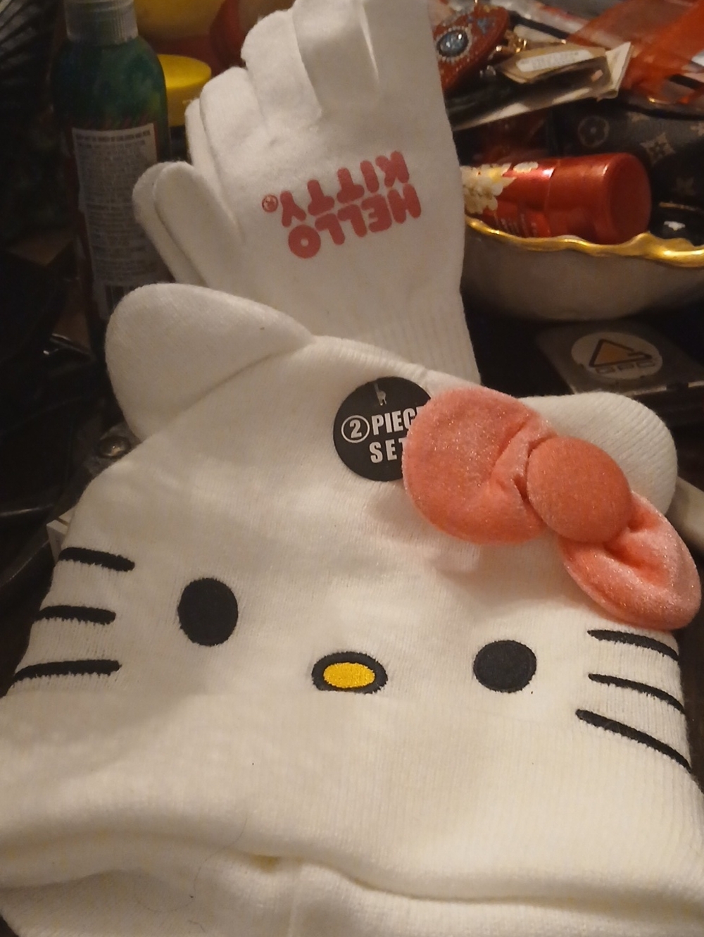 Hello Kitty White Beanie and Glove Set with Pink Bow Accent